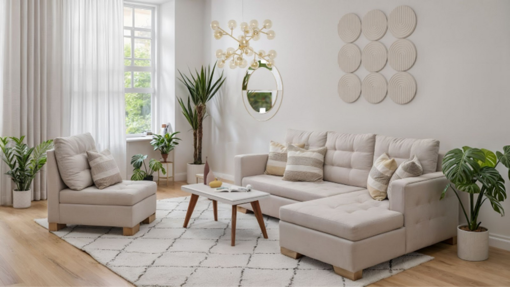SALA MODULAR BRUNO BEIGE + MESA DE CENTRO ZULIA MARFIL