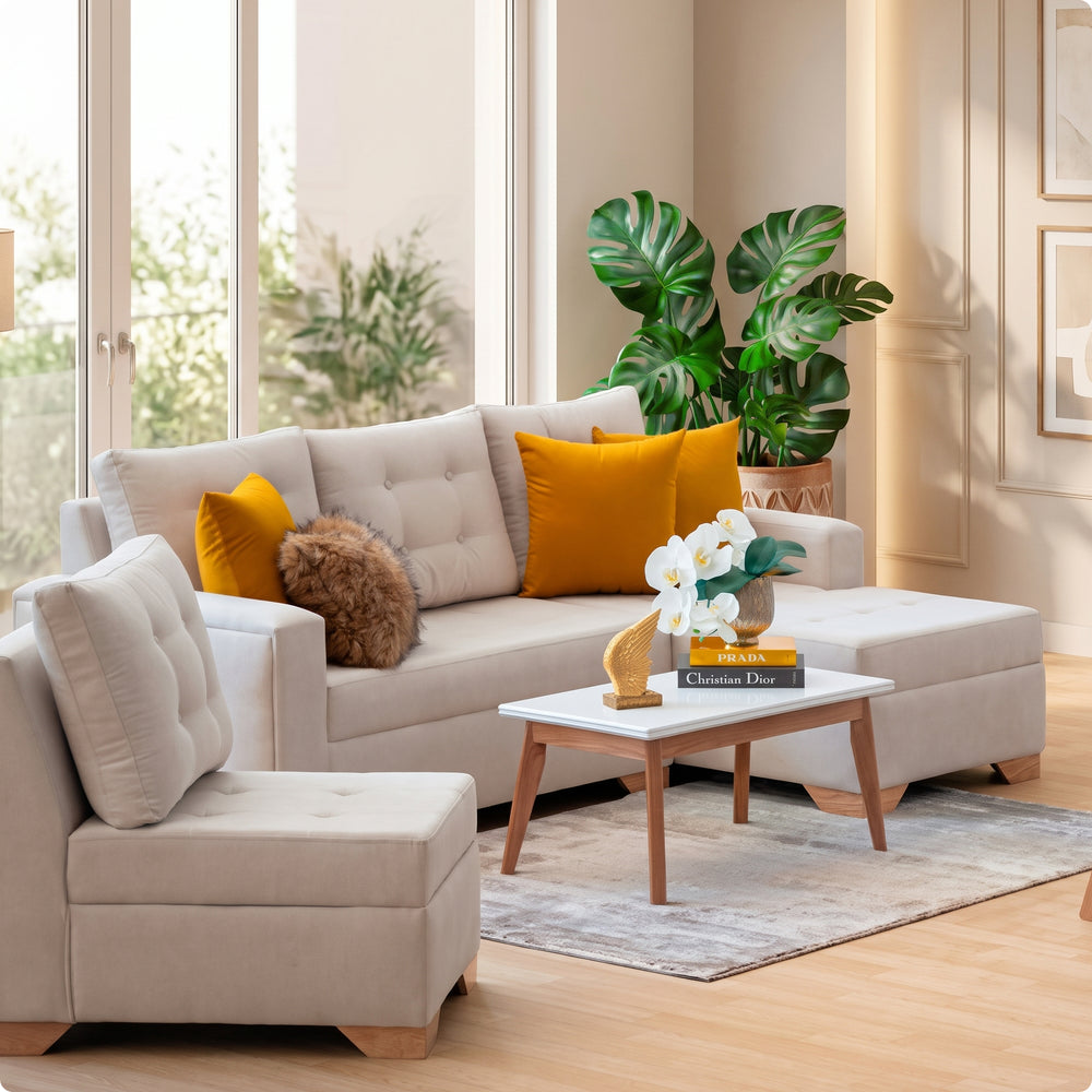 Sala Modular Bruno Beige Brazo Izquierdo con Mesa de Centro Zulia Marfil